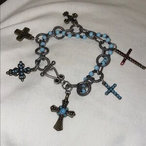 Religious Cross Bracelet Silver Toned Black Rosary Bead Bracelet